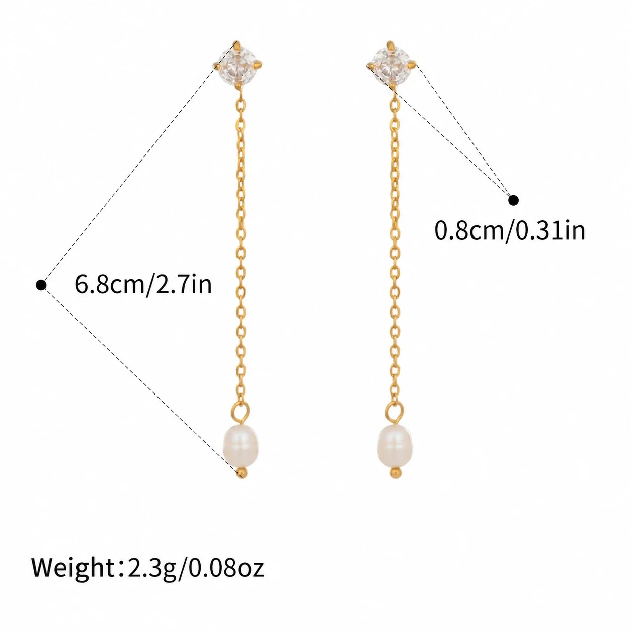 Graceful Gold-Plated Cubic Zirconia Pearl Chain Drop Earrings - White Round Cubic Zirconia