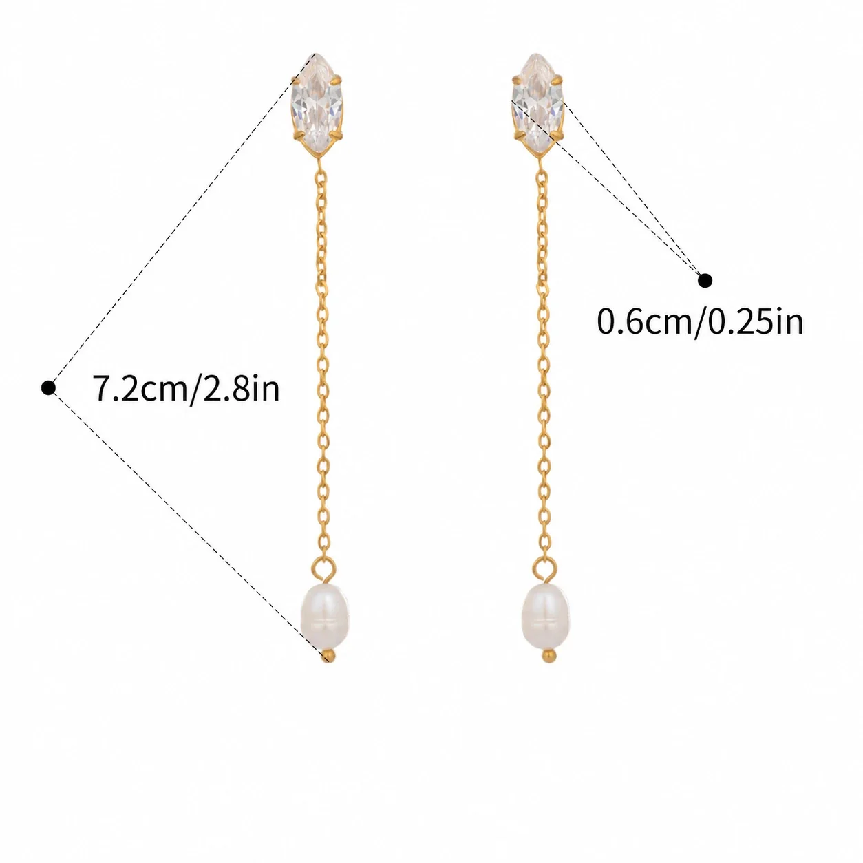 Graceful Gold-Plated Cubic Zirconia Pearl Chain Drop Earrings - White Marquise Cubic Zirconia