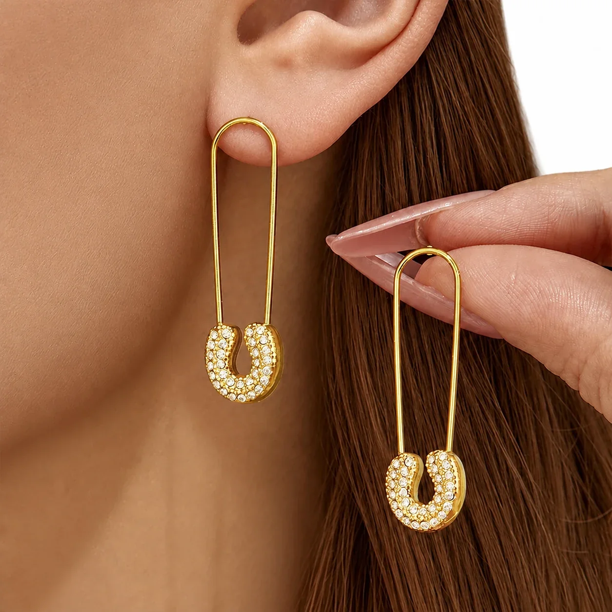 Playful Safety Pin Stainless Steel Pavé CZ Drop Earrings