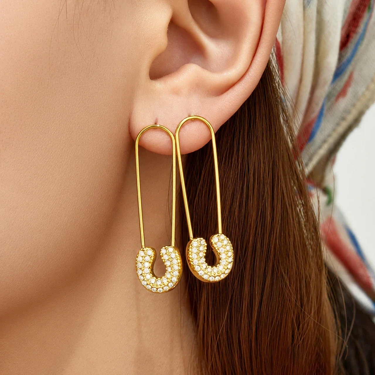 Playful Safety Pin Stainless Steel Pavé CZ Drop Earrings