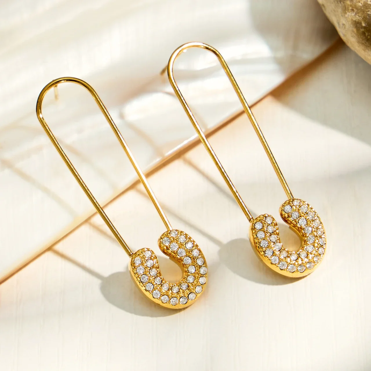 Playful Safety Pin Stainless Steel Pavé CZ Drop Earrings