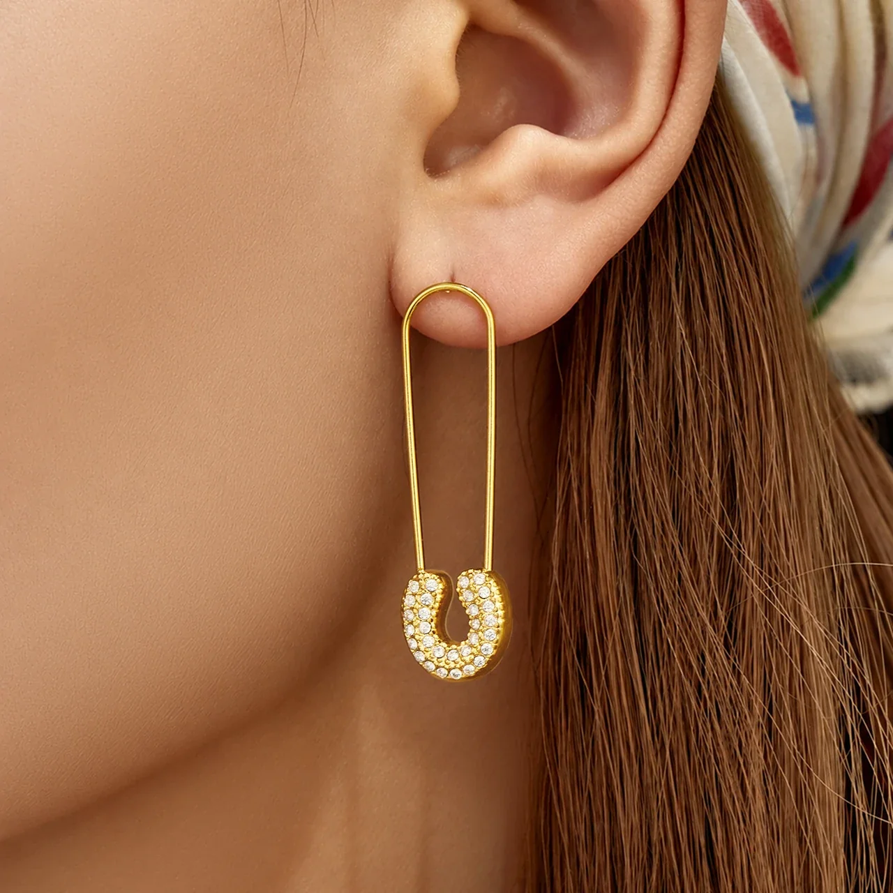 Playful Safety Pin Stainless Steel Pavé CZ Drop Earrings