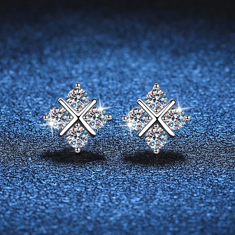 Delicate Platinum-Plated Four-Stone Cross Stud Earrings