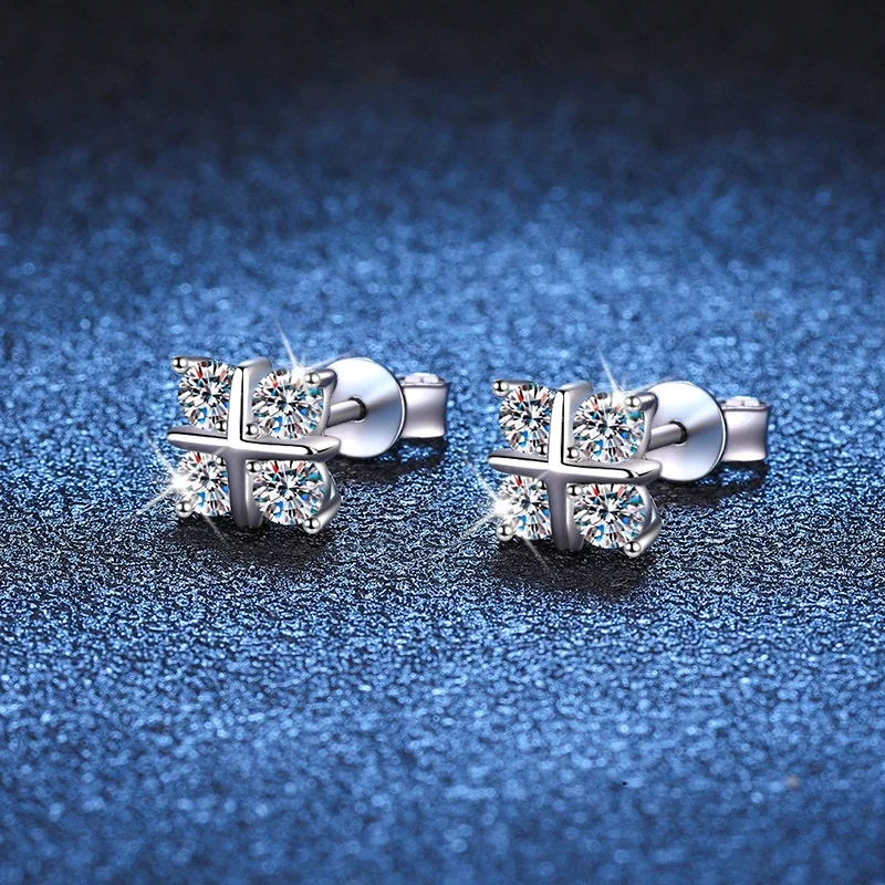 Delicate Platinum-Plated Four-Stone Cross Stud Earrings