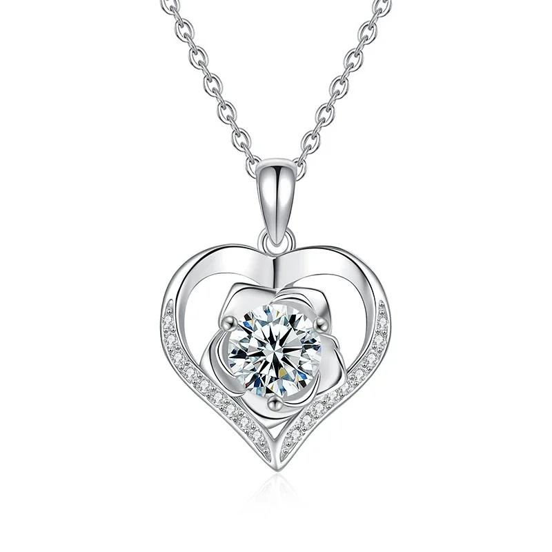 Romantic 925 Sterling Silver Openwork Heart Rose Moissanite Pendant Necklace