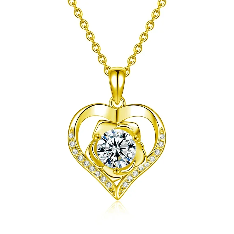 Romantic 925 Sterling Silver Openwork Heart Rose Pendant Necklace - Gold