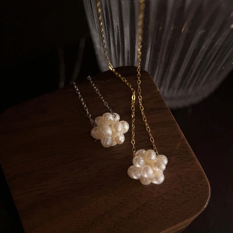 Delicate 925 Sterling Silver Pearl Cluster Fine Chain Necklace