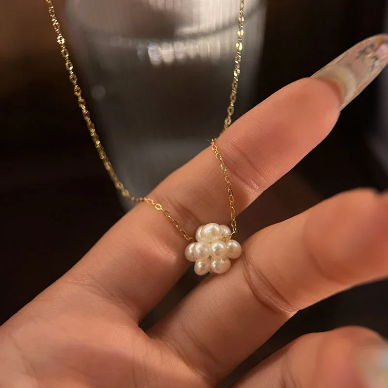 Delicate 925 Sterling Silver Pearl Cluster Fine Chain Necklace
