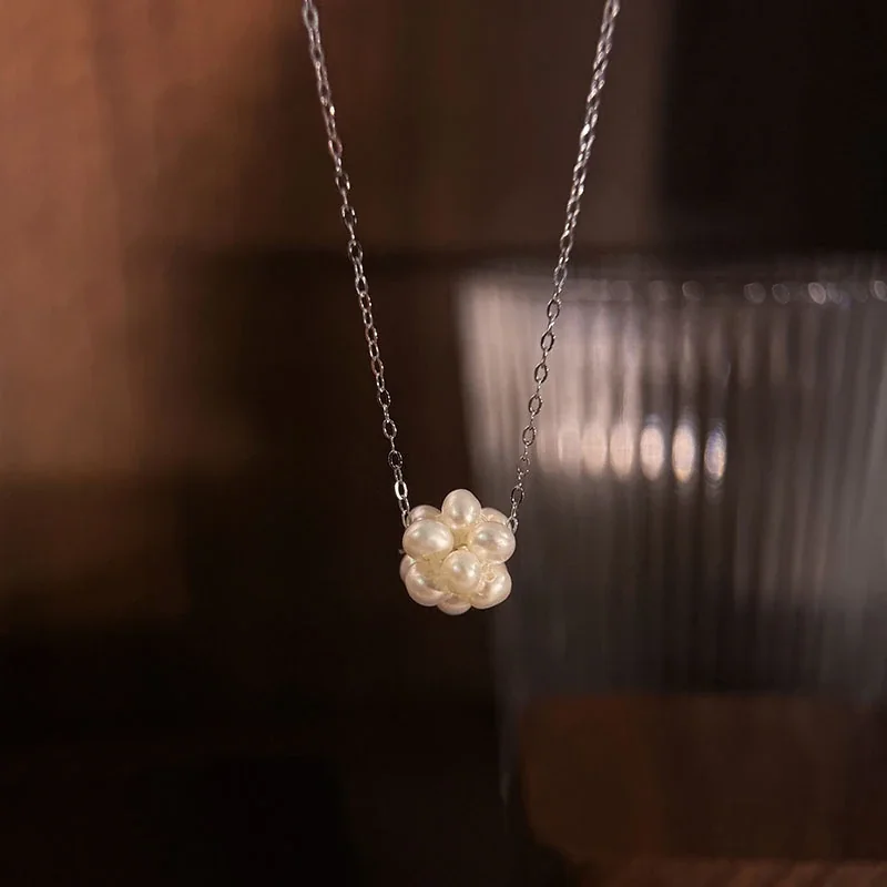 Delicate 925 Sterling Silver Pearl Cluster Fine Chain Necklace - Silver