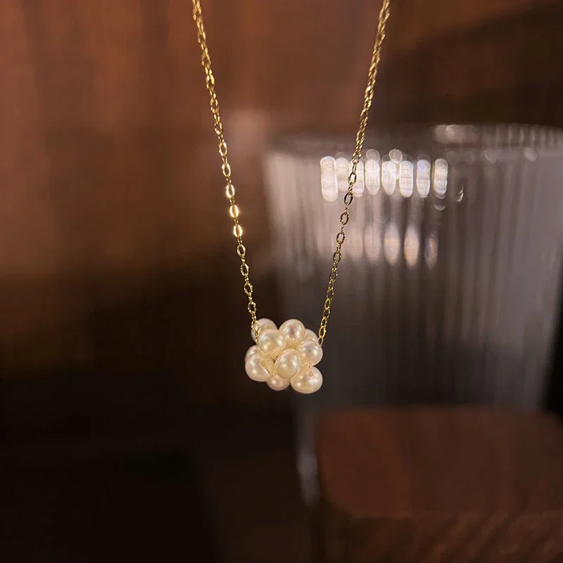 Delicate 925 Sterling Silver Pearl Cluster Fine Chain Necklace - Gold