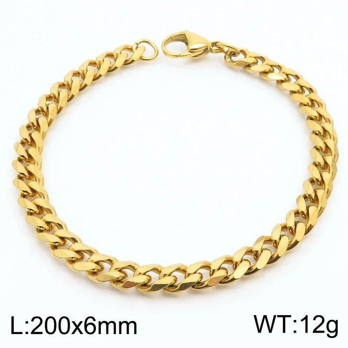 Faceted Stainless Steel Flat Curb Link Bracelet - Gold, 6 mm