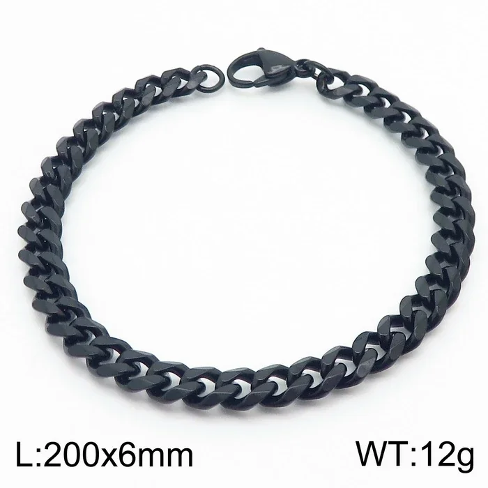 Faceted Stainless Steel Flat Curb Link Bracelet - Black, 6 mm