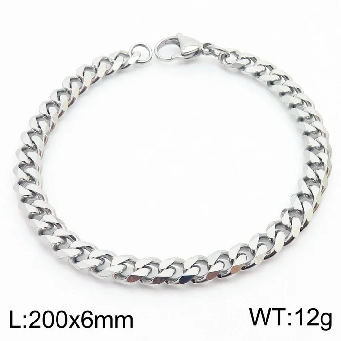 Faceted Stainless Steel Flat Curb Link Bracelet - Polished Steel, 6 mm