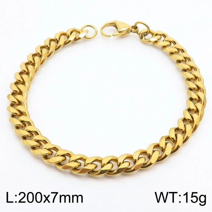 Faceted Stainless Steel Flat Curb Link Bracelet - Gold, 7 mm