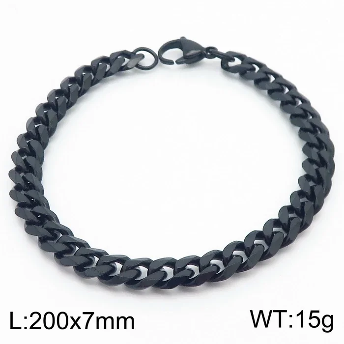 Faceted Stainless Steel Flat Curb Link Bracelet - Black, 7 mm