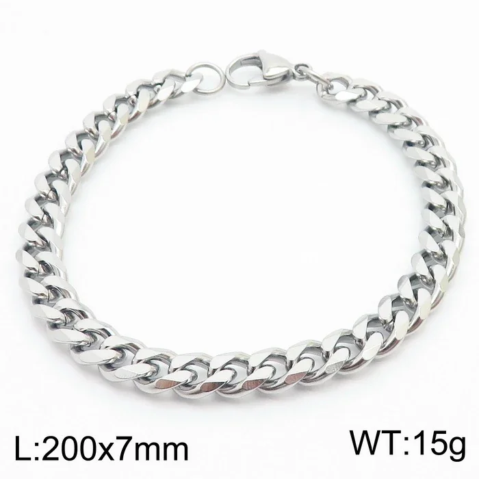 Faceted Stainless Steel Flat Curb Link Bracelet - Polished Steel, 7 mm