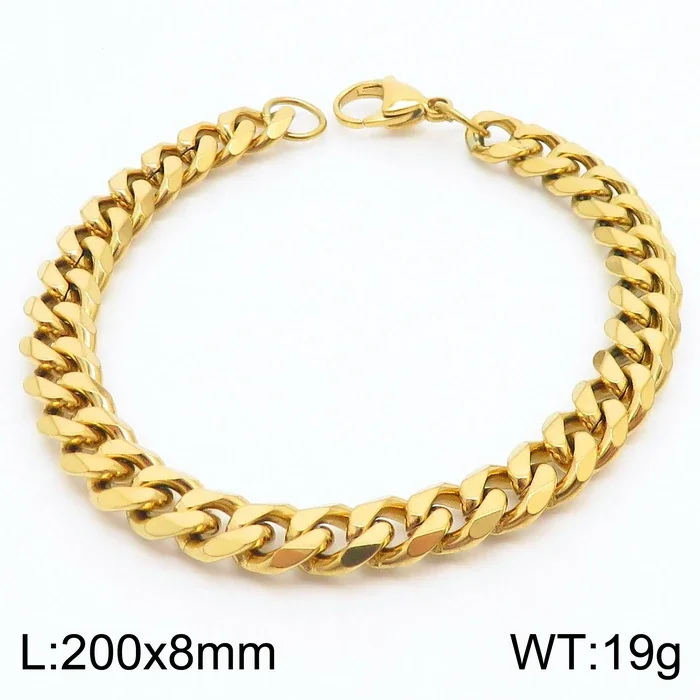 Faceted Stainless Steel Flat Curb Link Bracelet - Gold, 8 mm