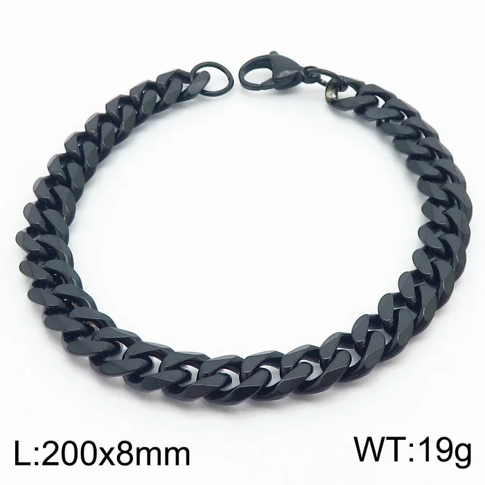 Faceted Stainless Steel Flat Curb Link Bracelet - Black, 8 mm