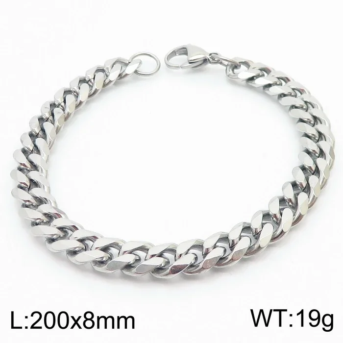 Faceted Stainless Steel Flat Curb Link Bracelet - Polished Steel, 8 mm