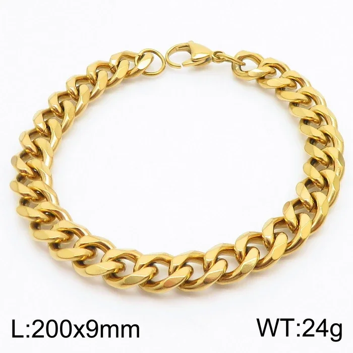 Faceted Stainless Steel Flat Curb Link Bracelet - Gold, 9 mm