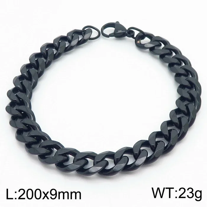 Faceted Stainless Steel Flat Curb Link Bracelet - Black, 9 mm