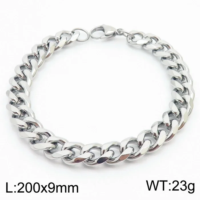Faceted Stainless Steel Flat Curb Link Bracelet - Polished Steel, 9 mm