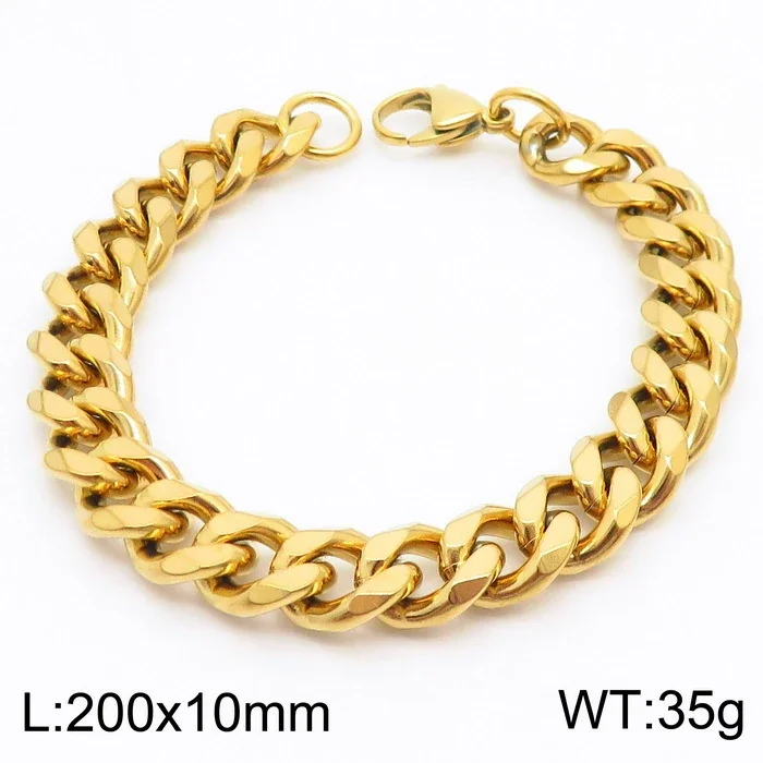 Faceted Stainless Steel Flat Curb Link Bracelet - Gold, 10 mm