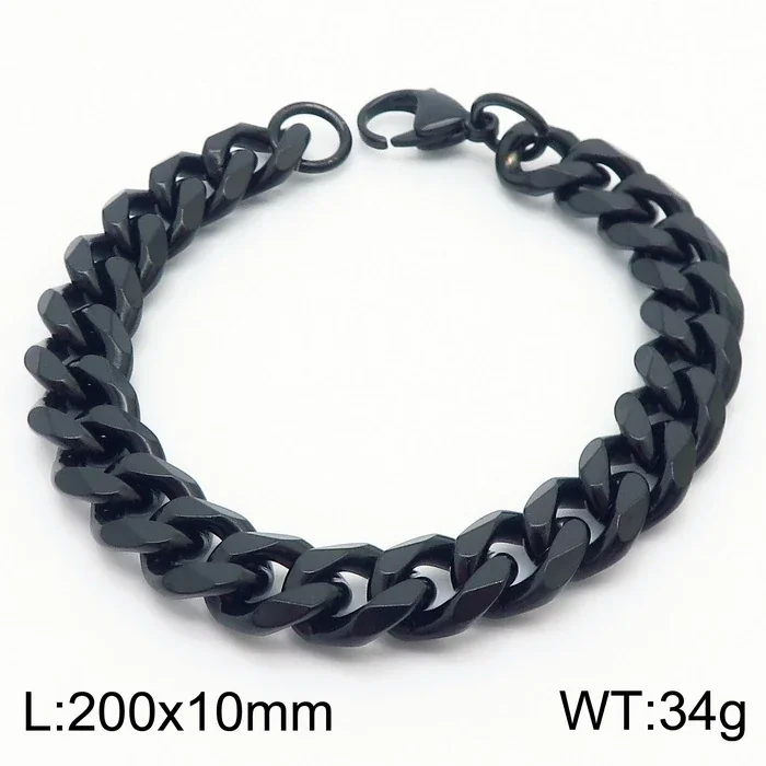 Faceted Stainless Steel Flat Curb Link Bracelet - Black, 10 mm