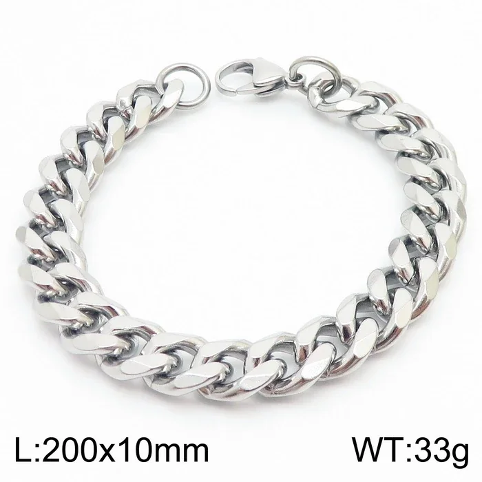 Faceted Stainless Steel Flat Curb Link Bracelet - Polished Steel, 10 mm