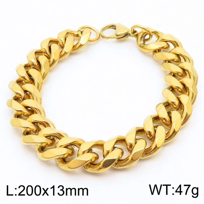 Faceted Stainless Steel Flat Curb Link Bracelet - Gold, 13 mm