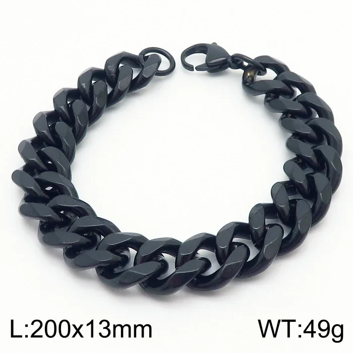 Faceted Stainless Steel Flat Curb Link Bracelet - Black, 13 mm
