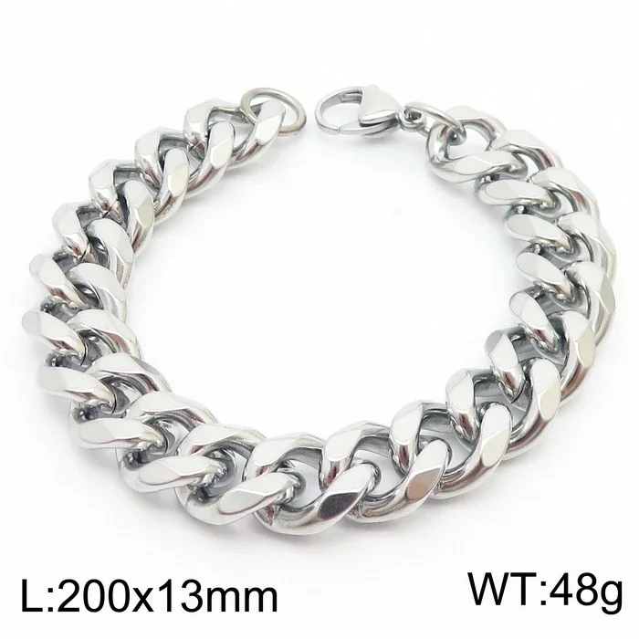Faceted Stainless Steel Flat Curb Link Bracelet - Polished Steel, 13 mm