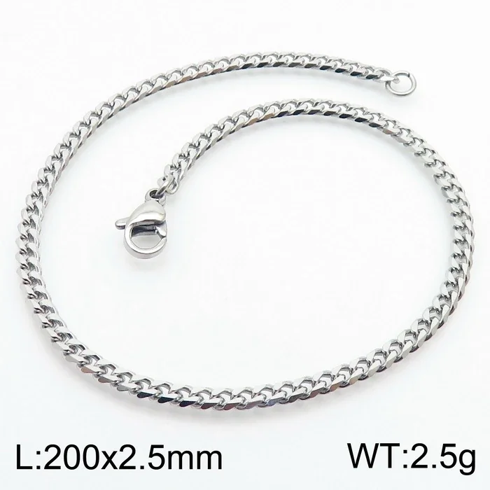 Faceted Stainless Steel Flat Curb Link Bracelet - Polished Steel, 2.5 mm