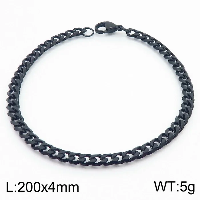 Faceted Stainless Steel Flat Curb Link Bracelet - Black, 4 mm