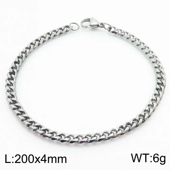 Faceted Stainless Steel Flat Curb Link Bracelet - Polished Steel, 4 mm
