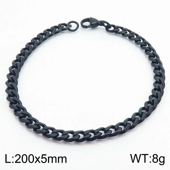 Faceted Stainless Steel Flat Curb Link Bracelet - Black, 5 mm