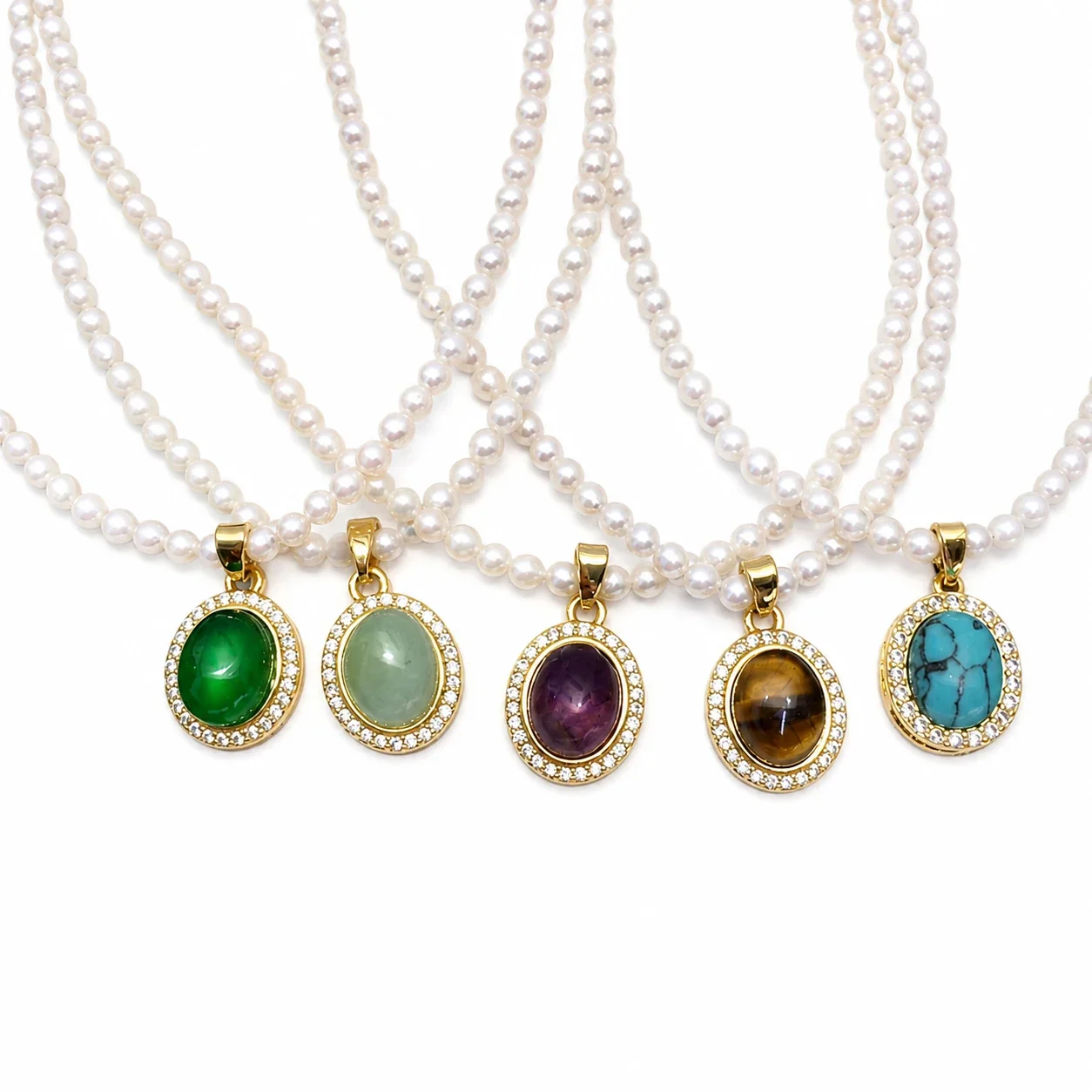 Refined Gold-Plated Pearl Strand Oval Agate Pendant Necklace