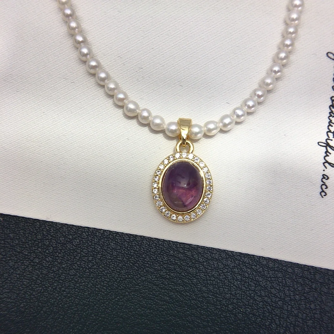Refined Gold-Plated Pearl Strand Oval Agate Pendant Necklace - Purple