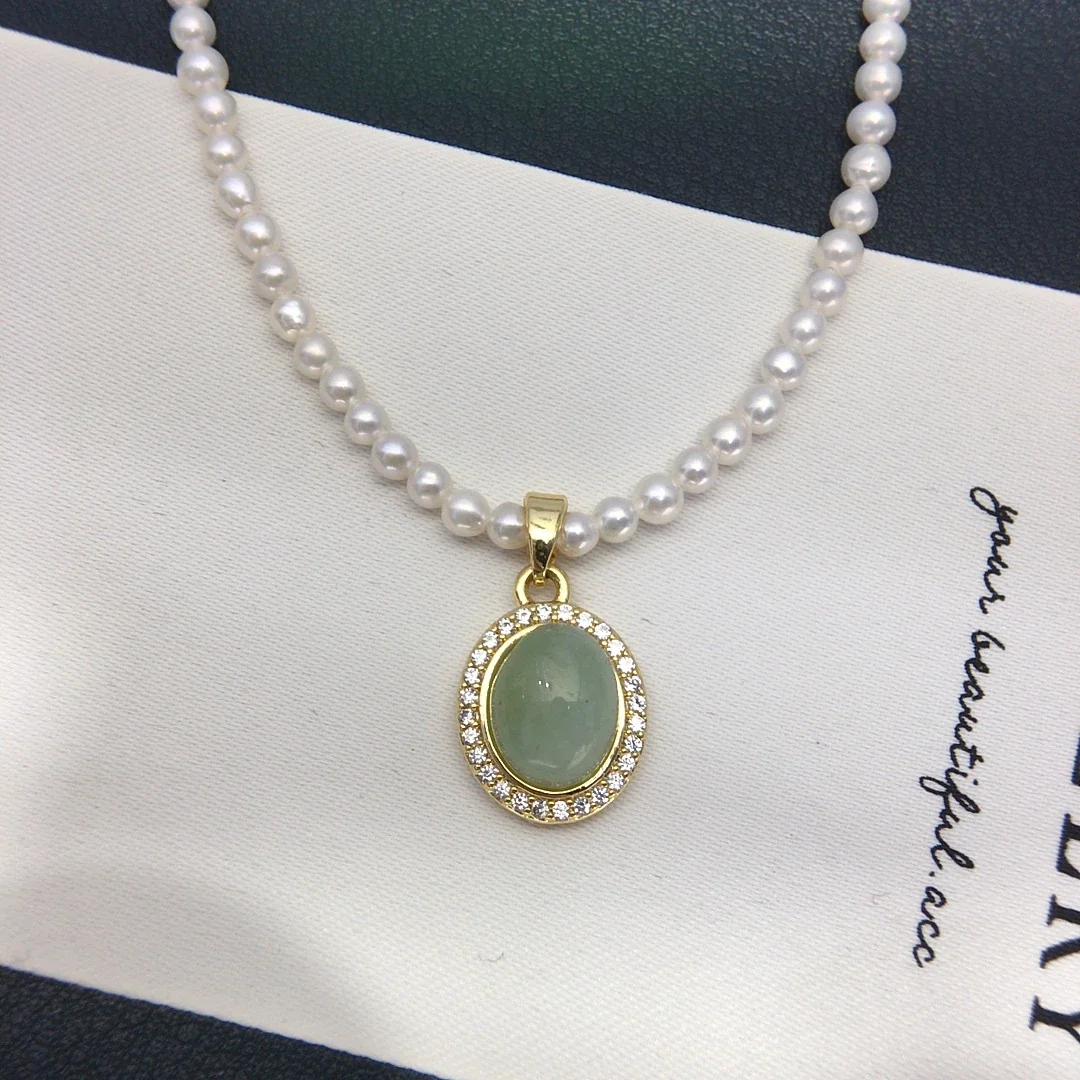 Refined Gold-Plated Pearl Strand Oval Agate Pendant Necklace - Cyan