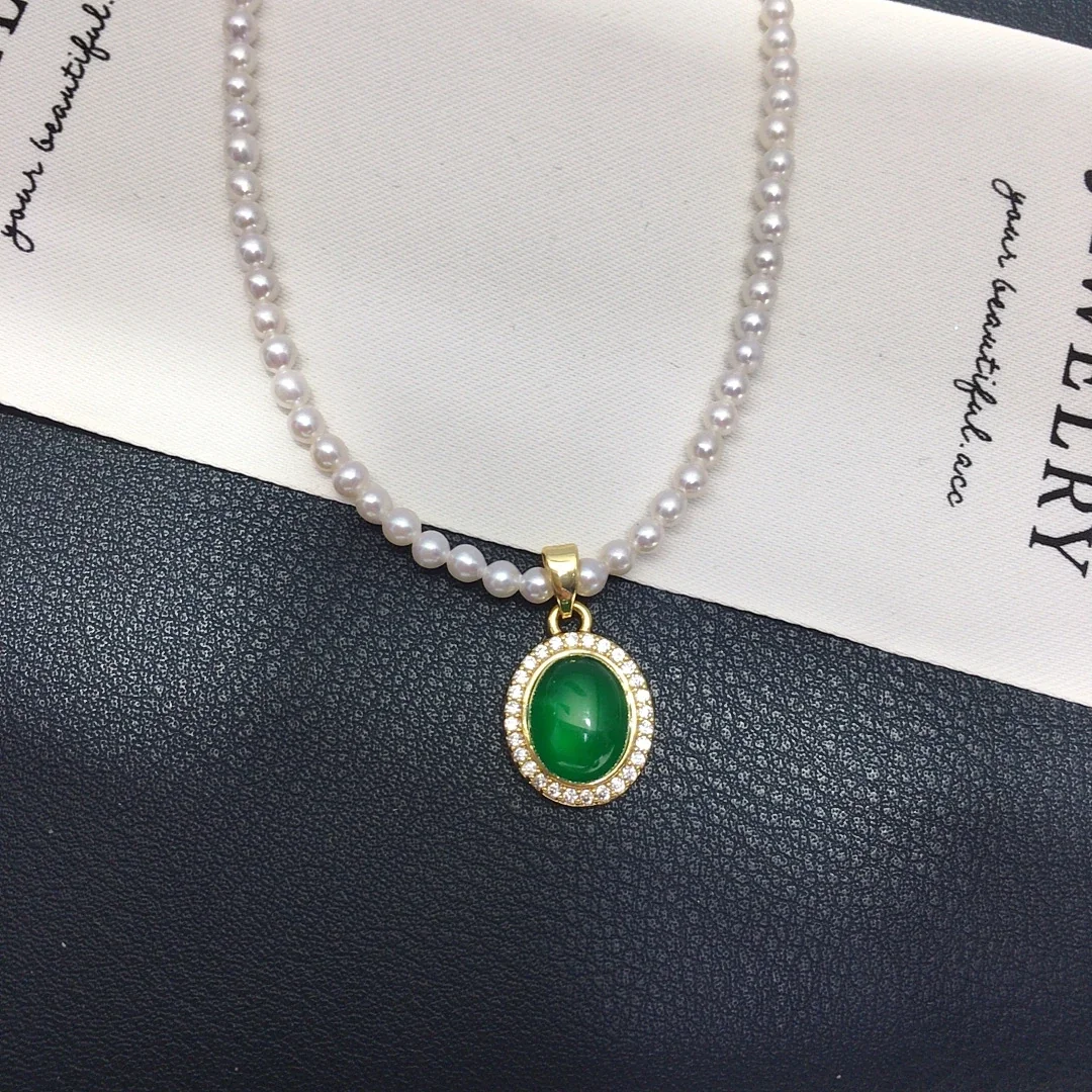 Refined Gold-Plated Pearl Strand Oval Agate Pendant Necklace - Green