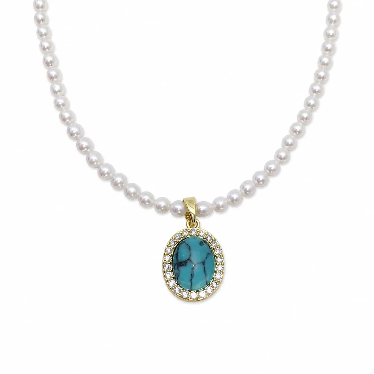 Refined Gold-Plated Pearl Strand Oval Agate Pendant Necklace - Turquoise