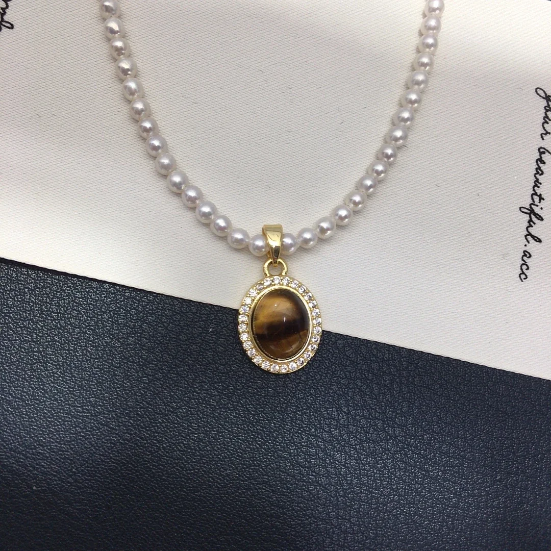 Refined Gold-Plated Pearl Strand Oval Agate Pendant Necklace - Tiger Eye