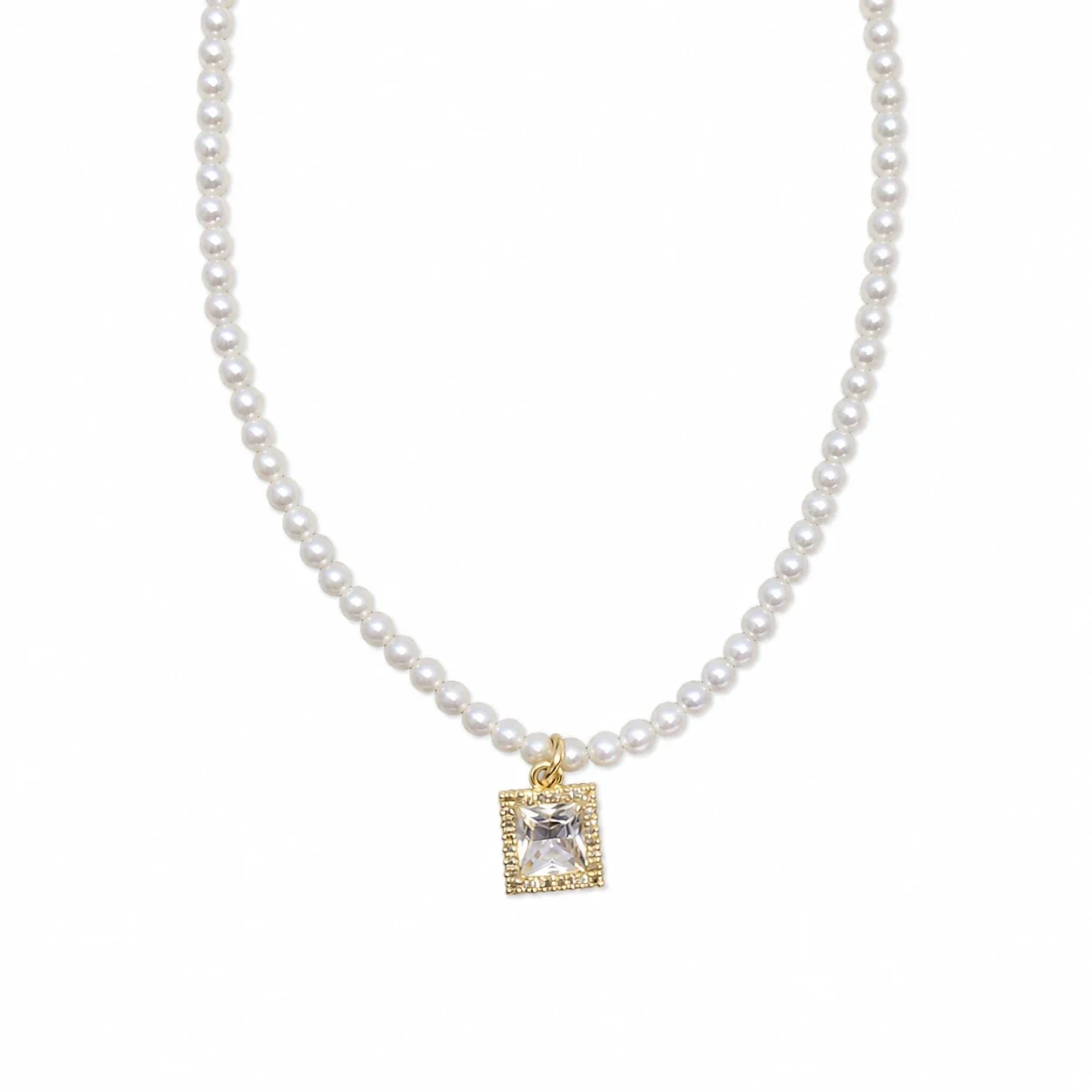 Refined Gold-Plated Pearl Strand Oval Agate Pendant Necklace - Square Crystal