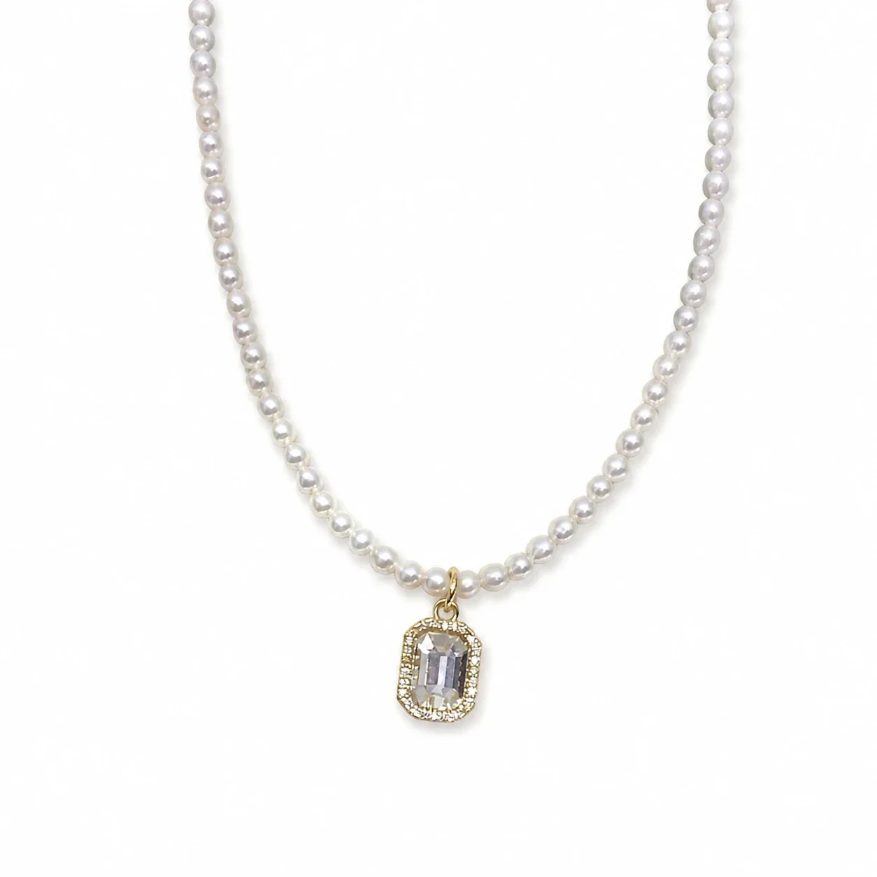 Refined Gold-Plated Pearl Strand Oval Agate Pendant Necklace - Rectangular Crystal