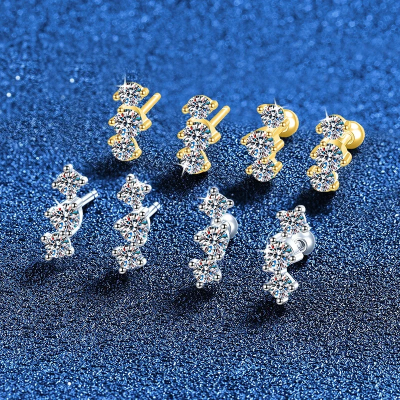 Curved Three-Stone 925 Sterling Silver Moissanite Stud Earrings