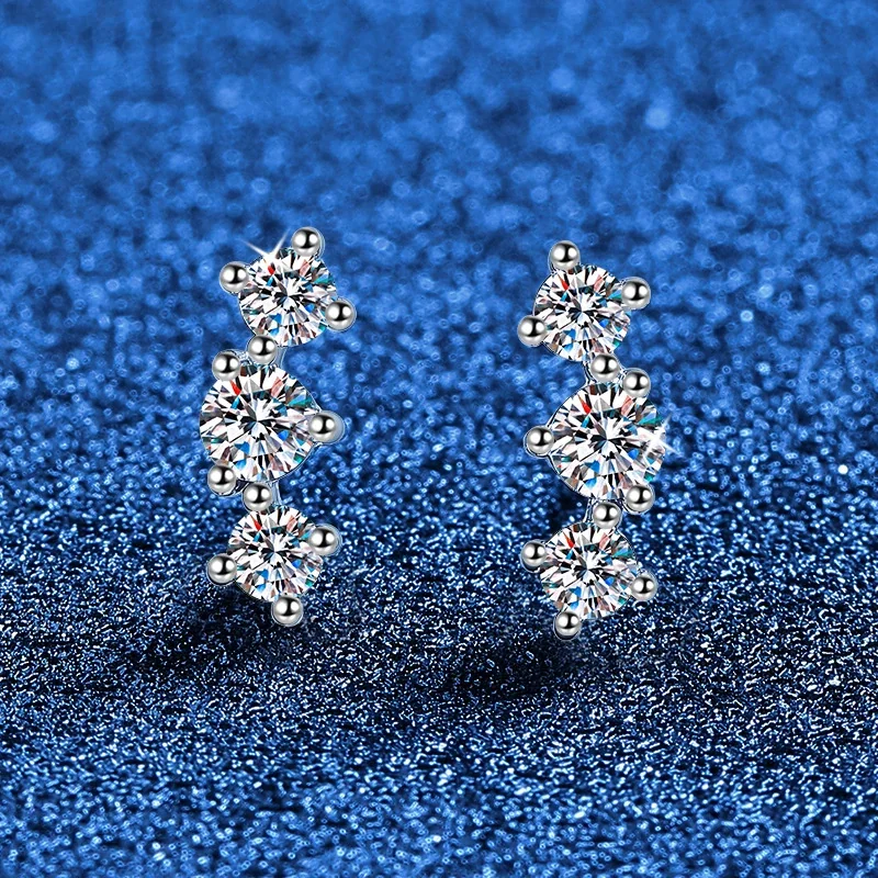 Curved Three-Stone 925 Sterling Silver Moissanite Stud Earrings
