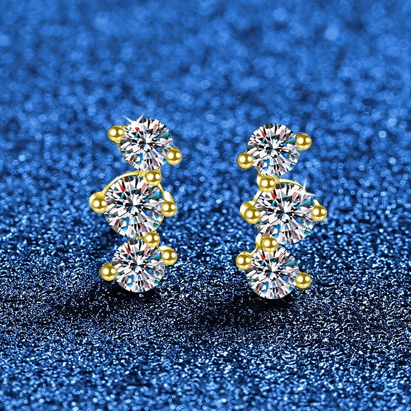 Curved Three-Stone 925 Sterling Silver Moissanite Stud Earrings