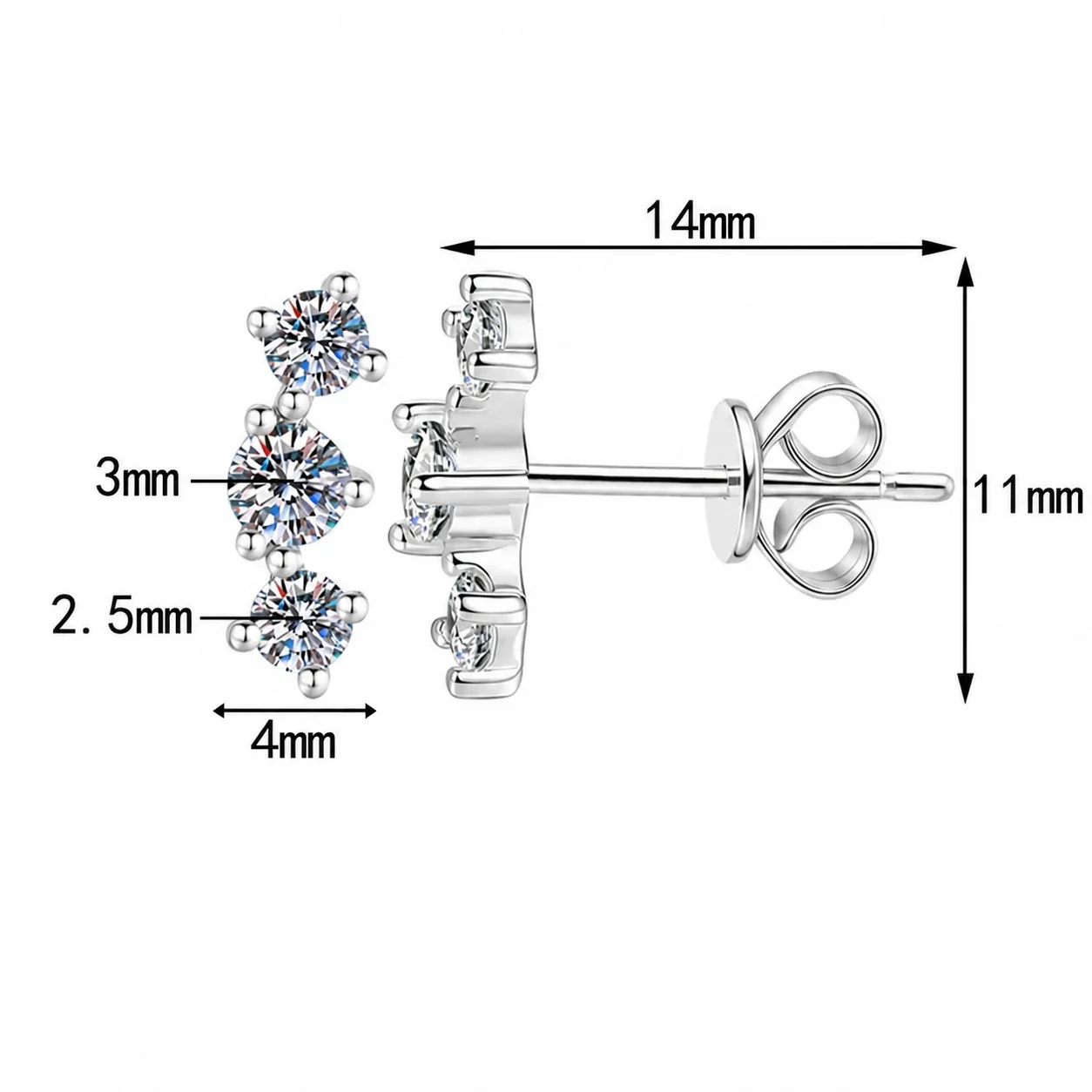 Curved Three-Stone 925 Sterling Silver Moissanite Stud Earrings - Silver Push Back