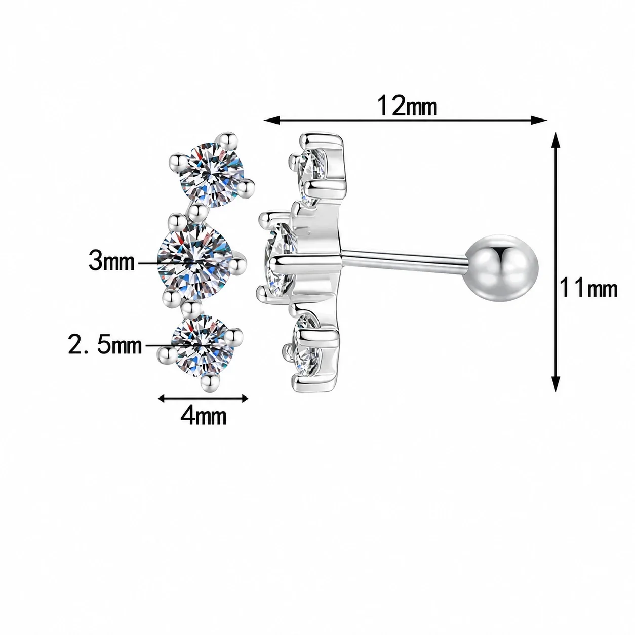 Curved Three-Stone 925 Sterling Silver Moissanite Stud Earrings - Silver Screw Back
