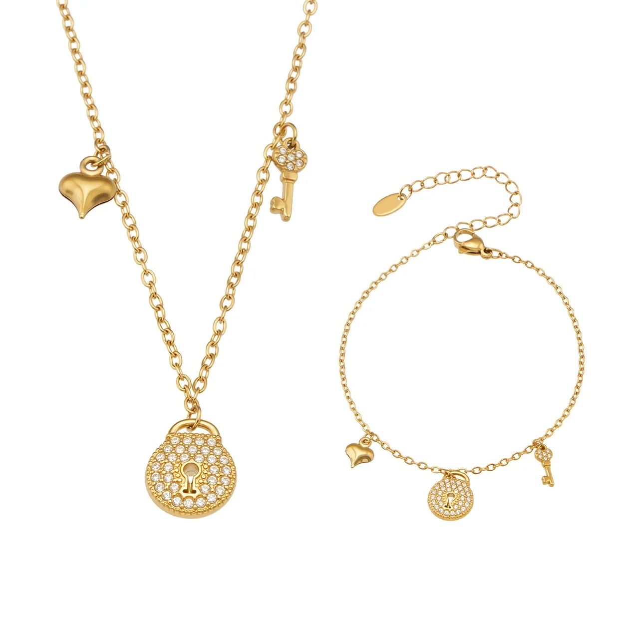 Dainty 18K Gold-Plated Stainless Steel Pavé Lock Key Jewelry Set